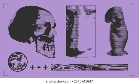 Anatomical skull and abstracted classical forms combined with marble planets and stripes in violet tones. Concept of social media graphics, poster design