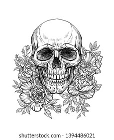 Anatomical stylized skull in flowers