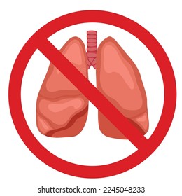 Anatomical vector illustration of human lungs in forbidden sign isolated from background. Transplant ban. Cartoon human body organ. Vector prohibited element for articles, banners and educational card