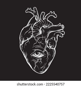 Anatomically correct human heart with eye hand drawn line art flash tattoo or print design vector illustration