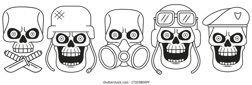 Anatomically Correct Human Skulls Set Isolated. Hand Drawn Line Art Vector Illustration.