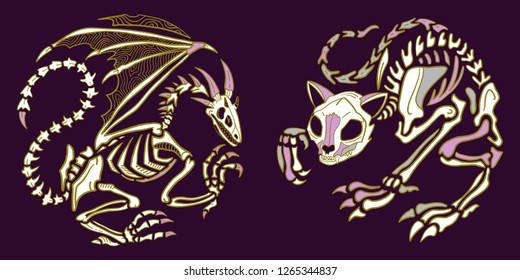 Anatomy of animals. Cat skeleton, dragon skeleton. Magical creature. Great for greeting cards, halloween party invitations, t-shirt printing and more. Halloween illustration.