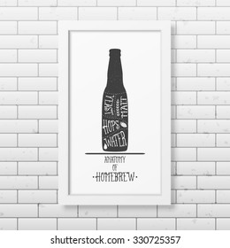 Anatomy of beer - Typographical Background in realistic square white frame on the brick wall background. Vector EPS10 illustration. 