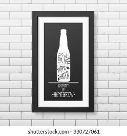 Anatomy of beer - Typographical Background in realistic square black frame on the brick wall background. Vector EPS10 illustration. 