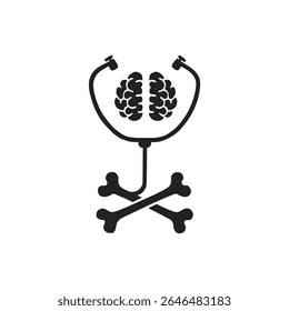 Concepto de Anatomía y Peligro. Silueta del cerebro, de los huesos, del estetoscopio. 