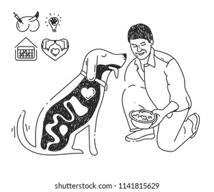 anatomy of a dog, man feeds a dog, vector