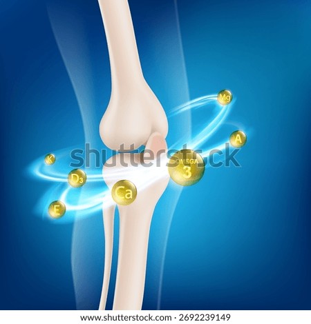 Anatomy of a healthy knee joint of a human leg with vitamin pills around it. Vector illustration
