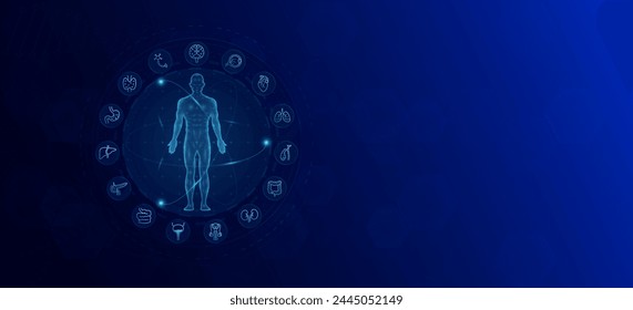 Anatomy of the human body. Icons internal organs male. Health care medical innovation and science. Background banner design with empty space for text. Vector EPS 10.