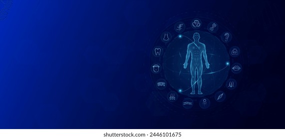 Anatomy of the human body. Organs male icon skin ear nose mouth. Health care medical innovation and science. Background banner design with empty space for text. Vector EPS10.