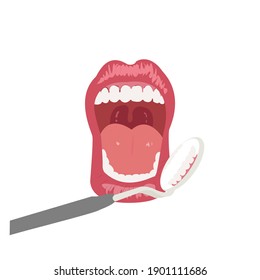 A anatomy human open mouth with healthy teeth model and dentistry with dental mirror in front of . Oral cavity. Infographic design for educational poster.Vector illustration flat design.