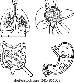 Anatomía de órganos humanos con diversas enfermedades para el colorante. Ilustración vectorial de los pulmones del fumador, la hepatitis hepática, el virus intestinal y la indigestión. Concepto de medicina