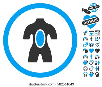 Anatomy icon with bonus amour pictograms. Vector illustration style is flat iconic blue and gray symbols on white background.
