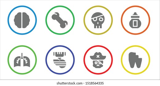 anatomy icon set. 8 filled anatomy icons.  Collection Of - Brain, Lungs, Bone, Organ, Skull, Ossuary, Broken tooth icons