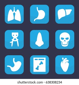 Anatomy icon. set of 9 filled anatomy icons such as nose, hair removal, stomach, liver, heart organ, x ray, lungs