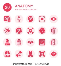 anatomy icon set. Collection of 20 filled anatomy icons included Fingerprint, Joints, Brain, Eye, Eyeball, Bones, Vessel, Diaphragm, Bone, Human body, Skull