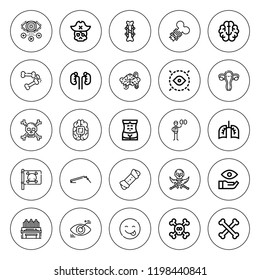 Anatomy icon set. collection of 25 outline anatomy icons with brain, bone, bones, eye, fitness bench, fallopian tube, joint, jolly roger, human body icons. editable icons.