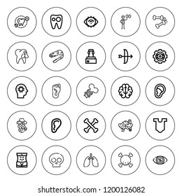Anatomy icon set. collection of 25 outline anatomy icons with arc, body, brain, bone, bones, ear, eye, foot, joint, human body, lungs, nephrologist icons. editable icons.