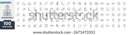 Anatomy icon set. Containing Human body, internal organs, eye, nose, mouth, stomach, lungs, brain, foot, skull, hand, head, liver, intestines, kidneys, ovary, bladder, heart, and more. Editable stroke
