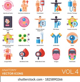 Anatomy Icons Including Menstrual Cycle, Transfusion, Dehydration, Infusion Therapy, Human Atlas, Carbon Based Organism, 50% Water, Innate Immunity, Vaccination, Antibodies, Cough Reflex, Taste Buds.