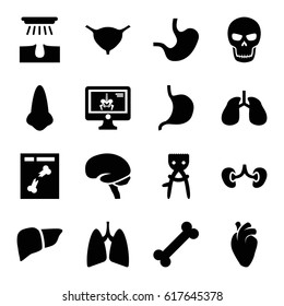 Anatomy icons set. set of 16 anatomy filled icons such as nose, hair removal, stomach, liver, heart organ, lungs, brain, kidney, bladder, x ray, x-ray on display, skull