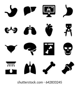 Anatomy icons set. set of 16 anatomy filled icons such as hair removal, stomach, liver, heart organ, lungs, brain, kidney, bladder, bone, x ray, x-ray on display