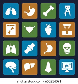 Anatomy icons set. set of 16 anatomy filled icons such as nose, hair removal, stomach, liver, heart organ, lungs, brain, bladder, bone, x ray, x-ray on display