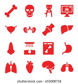 Anatomy icons set. set of 16 anatomy filled icons such as nose, hair removal, stomach, liver, heart organ, lungs, brain, kidney, bladder, bone, x ray, x-ray on display