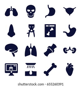 Anatomy icons set. set of 16 anatomy filled icons such as nose, hair removal, stomach, heart organ, lungs, brain, kidney, bladder, bone, x ray, x-ray on display