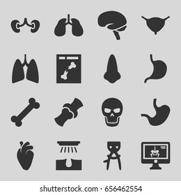 Anatomy icons set. set of 16 anatomy filled icons such as nose, hair removal, stomach, heart organ, lungs, brain, kidney, bladder, bone, x ray, x-ray on display