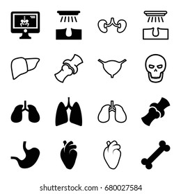 Anatomy icons set. set of 16 anatomy filled and outline icons such as hair removal, heart organ, lungs, bone, x-ray on display, stomach, liver, kidney, bladder