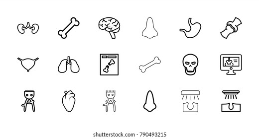 Anatomy icons. set of 18 editable outline anatomy icons: nose, hair removal, bone, heart organ, lungs, brain, kidney, bladder, x ray, x-ray on display, stomach