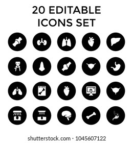 Anatomy icons. set of 20 editable filled anatomy icons such as nose, hair removal, heart organ, brain, bladder, bone. best quality anatomy elements in trendy style.