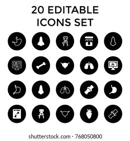Anatomy icons. set of 20 editable filled and outline anatomy icons such as nose, hair removal, stomach, heart organ, lungs, bladder, bone, x ray