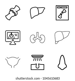 Anatomy icons. set of 9 editable outline anatomy icons such as nose, hair removal, liver, bone, x ray, x-ray on display, kidney