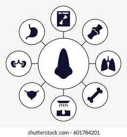 anatomy icons set. Set of 9 anatomy filled icons such as nose, hair removal, stomach, kidney, bladder, bone, x ray
