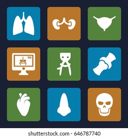 Anatomy icons set. set of 9 anatomy filled icons such as nose, hair removal, heart organ, kidney, bladder, bone, x-ray on display, lungs