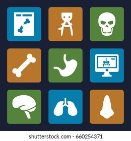 Anatomy icons set. set of 9 anatomy filled icons such as nose, hair removal, lungs, brain, x ray, x-ray on display, stomach, skull