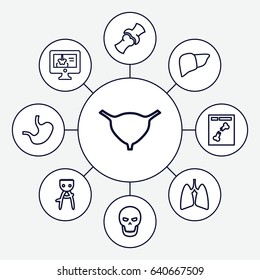 Anatomy icons set. set of 9 anatomy outline icons such as hair removal, liver, bladder, bone, x ray, x-ray on display, lungs, stomach