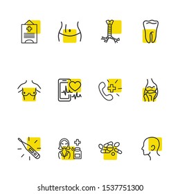 Anatomy icons set with ambulance call, pharmacy and heartbeat tracker app elements. Set of anatomy icons and woman concept. Editable vector elements for logo app UI design.