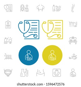Anatomy icons set with ambulance helicopter, breast and medical license elements. Set of anatomy icons and operation instrument concept. Editable vector elements for logo app UI design.