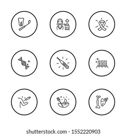 Anatomy icons set with bones, dna and herbal medicine elements. Set of anatomy icons and support to cancer concept. Editable vector elements for logo app UI design.