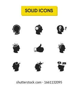 Anatomy icons set with brainstorm, personality and inner dialog elements. Set of anatomy icons and genius concept. Editable vector elements for logo app UI design.