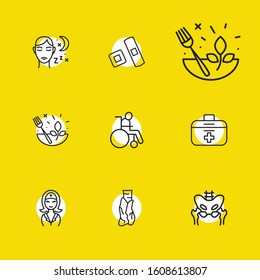 Anatomy icons set with herbal medicine, disability and thymus elements. Set of anatomy icons and doctor concept. Editable vector elements for logo app UI design.