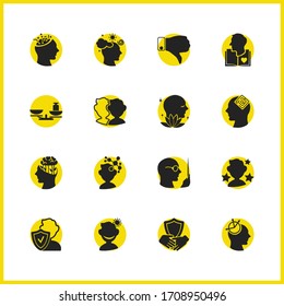Anatomy icons set with mental growth, mind games and reliability elements. Set of anatomy icons and genius concept. Editable vector elements for logo app UI design.