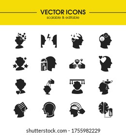 Anatomy icons set with mind power, clear your mind and psychological pressure elements. Set of anatomy icons and artificial intelligence concept. Editable vector elements for logo app UI design.