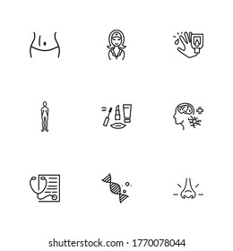 Anatomy icons set with neurology, dna and navel elements. Set of anatomy icons and intelligence concept. Editable vector elements for logo app UI design.