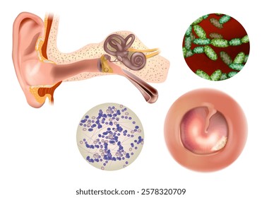 Anatomy and Infection of the Middle Ear. Acute Otitis Media with Bacteria Close-Up. Infected Eardrum and Inflammation