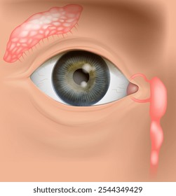 Anatomía de la glándula lagrimal, punto lagrimal superior, canal lagrimal superior, saco lagrimal, canal nasolagrimal. Ilustración del ojo. ubicación y estructura