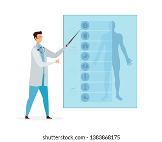 Anatomy Lesson, Class Cartoon Vector Illustration. Doctor Pointing on Body Parts and Human Internal Organs. Medicine Course, Webinar. Tutor, Educator Flat Character. Medical University Student