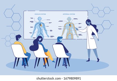Anatomy Lesson, Class. Doctor Tutor Pointing on Body Parts and Human Venous and Arterial System during Medicine Course. Educator in Medical University Teach Students. Cartoon Flat Vector Illustration